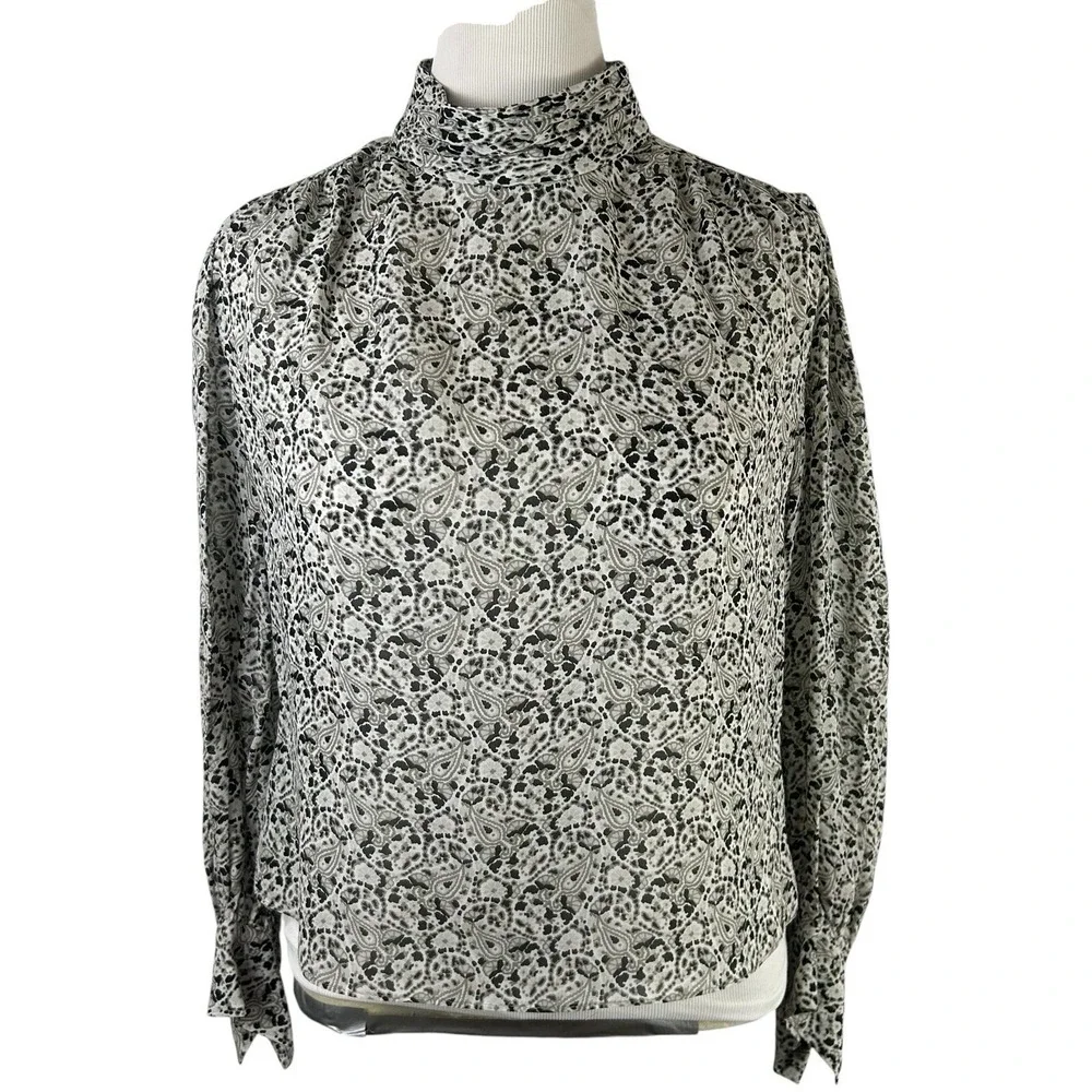 ZARA Paisley BLOUSE L Balloon Puff Sleeve Black White Crop TOP Regency Collared